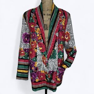 80s 90s La Chemise Floral Abstract Satin Blazer Jacket Sz S Oversized Maximalist
